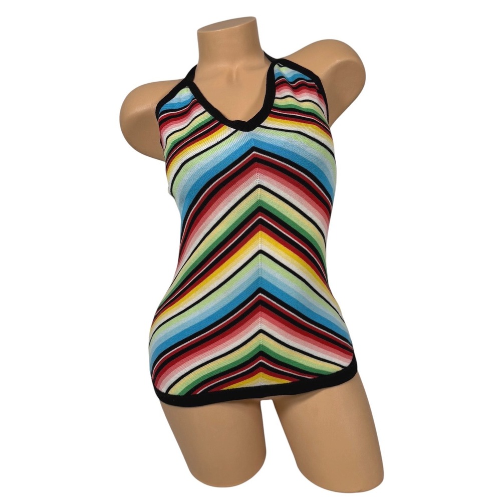 Michael Kors Womens Multi Color Striped Knit Halter Top V-Neck Size M Cotton